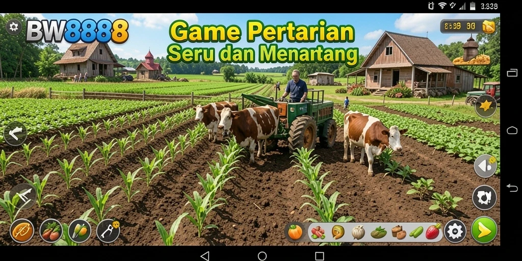 Tampilan gameplay <strong>BW888</strong> yang menampilkan kebun penuh warna dan aktivitas bertani.