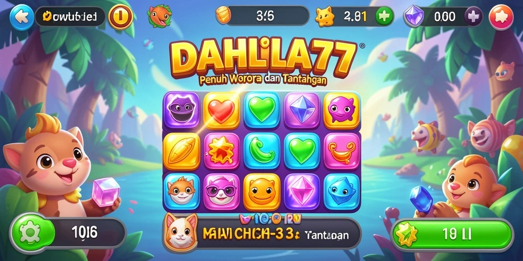 Tangkapan layar DAHLIA77 menampilkan gameplay Match-3 yang menarik dan penuh warna.