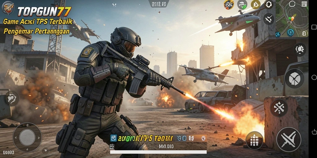 Screenshot gameplay menampilkan aksi tembak-menembak seru dalam TOPGUN77.