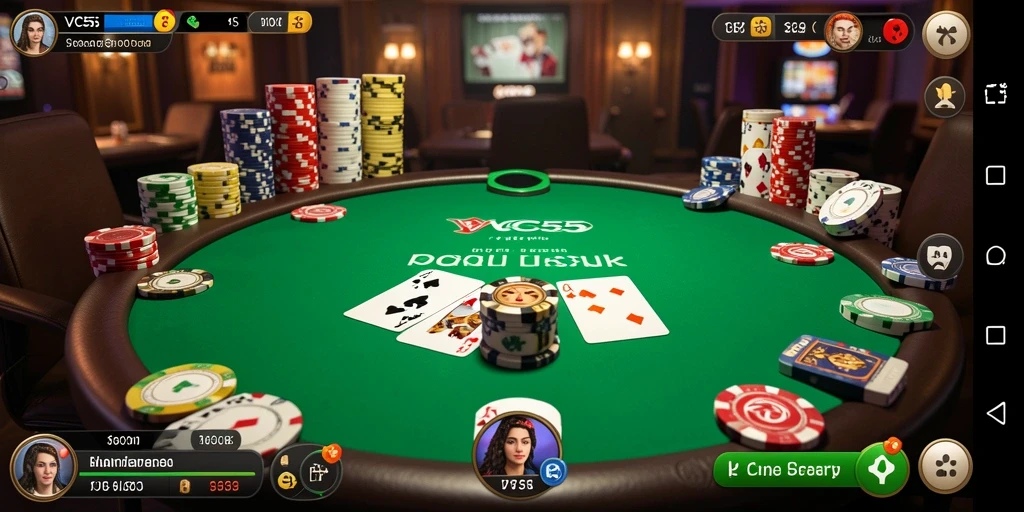 Screenshot gameplay VC55 menampilkan aksi seru permainan Poker.